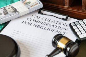 A legal document titled 'Calculating Compensation for Negligence' with a gavel and calculator, symbolizing judicial proceedings.