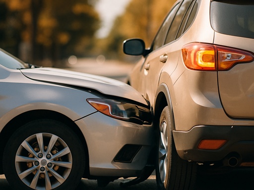 A silver car crashes into the back of an SUV on a sunny street.