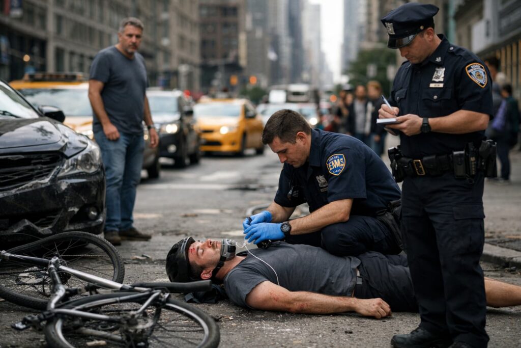 New York bicycle accident victim receiving emergency care after collision with vehicle, showing serious injuries and potential personal injury claim