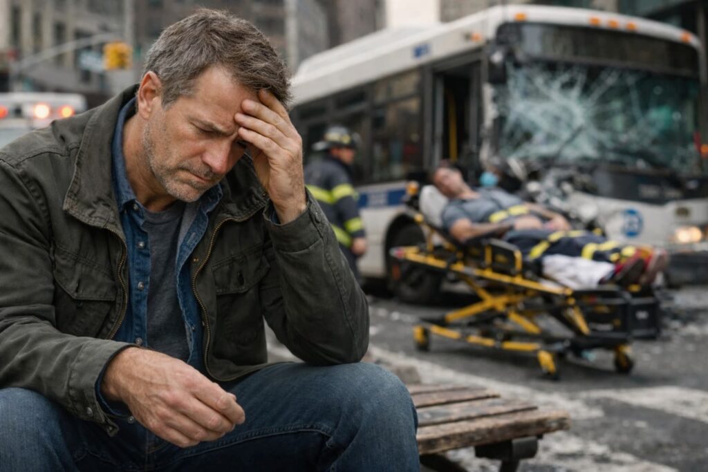 NYC bus accident scene with injured passenger and damaged transit bus, illustrating claims against the city and 90-day notice of claim deadline