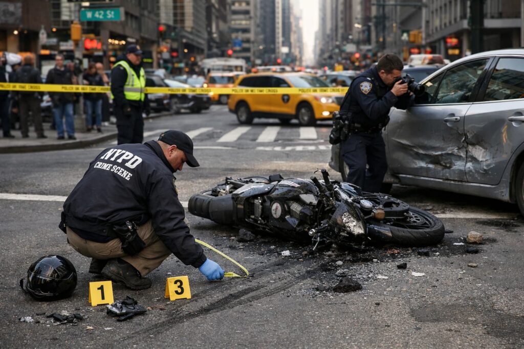NYPD investigating motorcycle accident with damaged car at NYC intersection documenting evidence for crash scene analysis