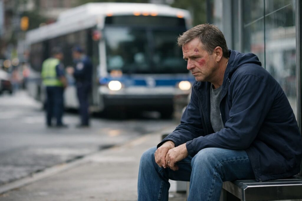 Injured man at New York City bus stop after accident, illustrating claims against NYC Transit and the 90-day notice of claim requirement