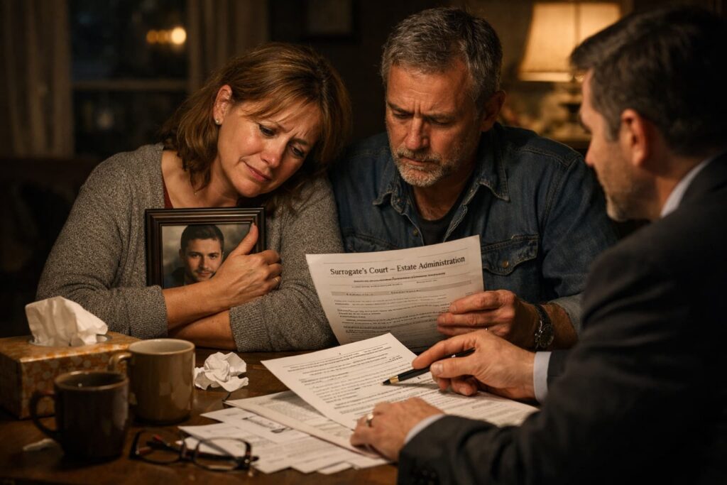 Grieving family reviewing wrongful death claim and estate administration paperwork in New York Surrogate&rsquo;s Court with attorney guidance